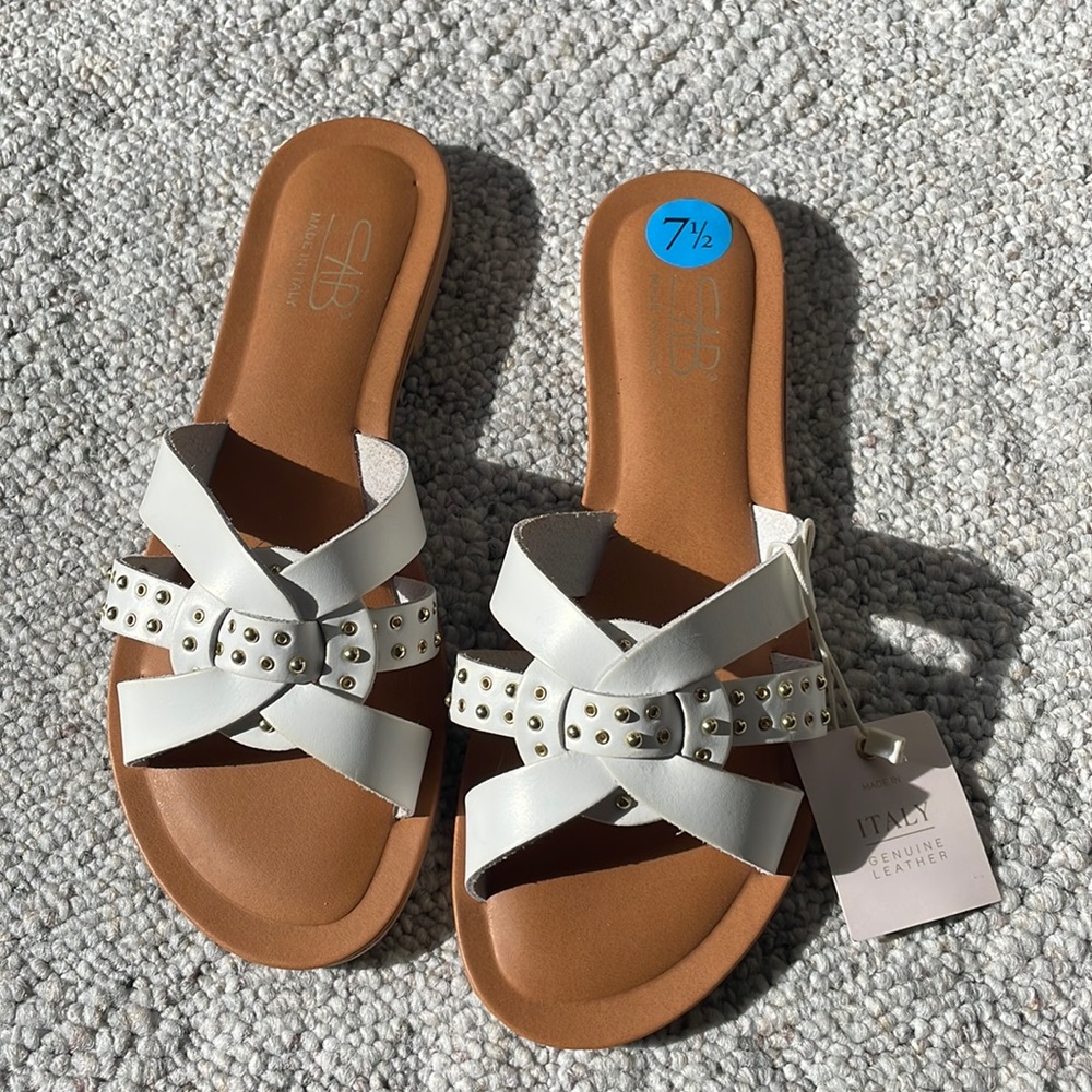White Studded Leather Slide Sandals - Size 7.5
